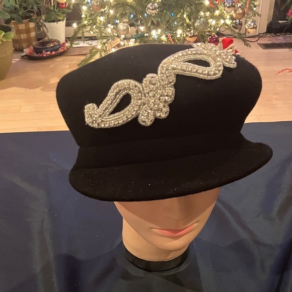 Elegant Black Wool Hat with Silver Rhinestone Beaded Floral Embellishment main image 6